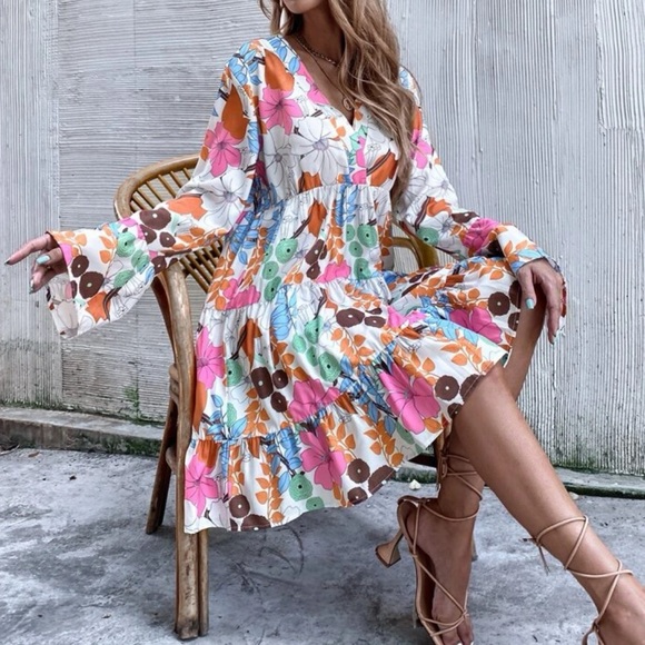 Dresses & Skirts - Boho Bohemian Floral Tropical Print Ruffle Mini Dress